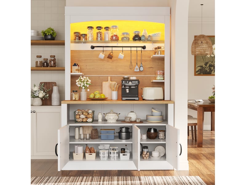  Buffet de cuisine haut avec 3 portes, étagères réglables, led et plan de travail pour cuisine en mdf blanc  - Conforama D