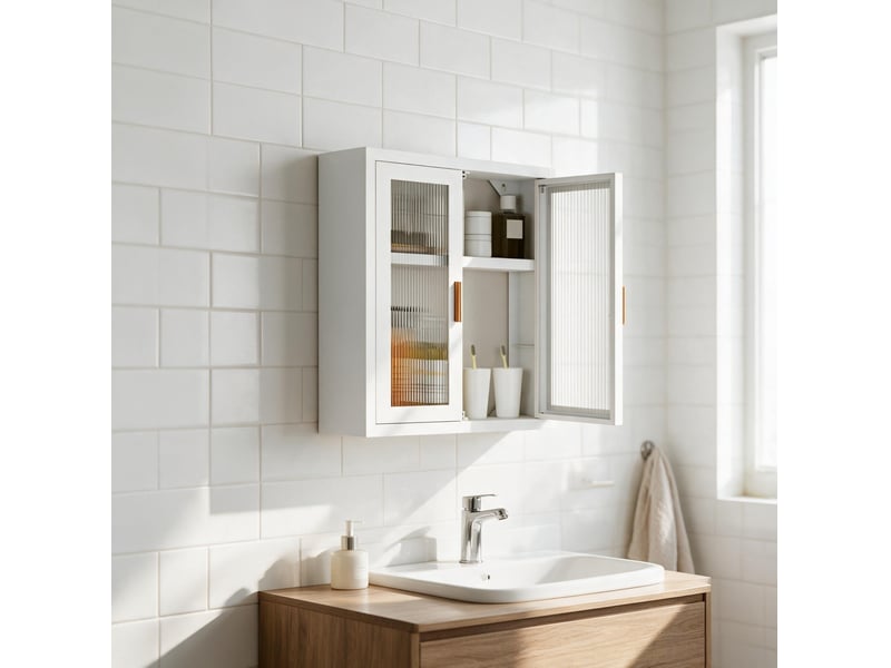  Armoire murale de salle de bain blanche en métal et acrylique, 2 portes, étagère réglable, rangement compact  - Conforama B
