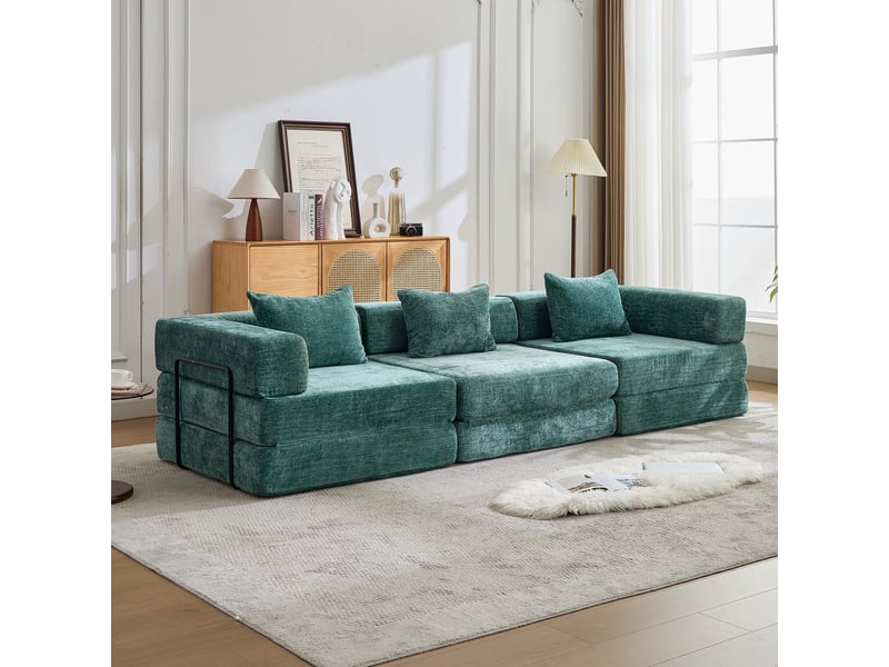  Canapé convertible 3 places - 300x100x63cm - canapé lit modulaire tissu chenille et mousse sans montage - vert foncé  - Conforama B