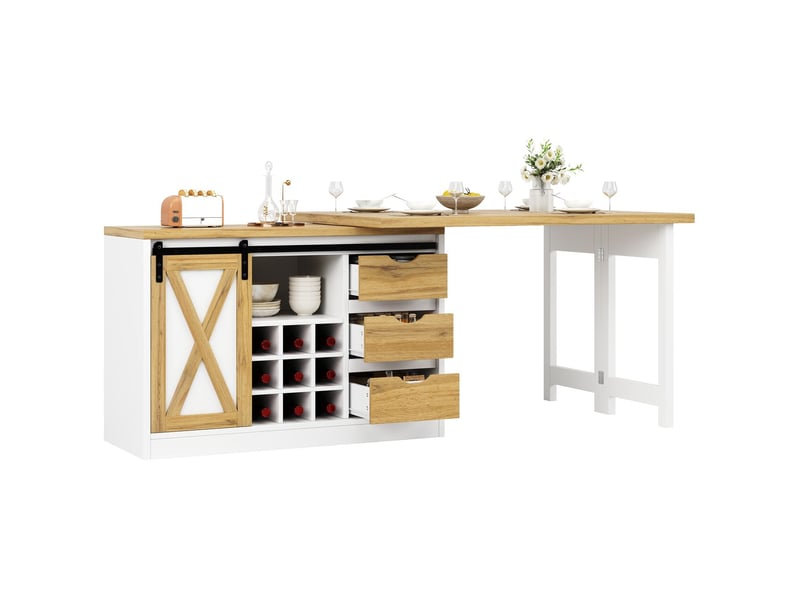  Buffet de cuisine 197 cm 197 cm rangement généreux bahut extension de table à positionnement libre design porte de grange tiroirs intégrés porte-bouteilles amovible et meuble multifonctionnel  - Conforama D