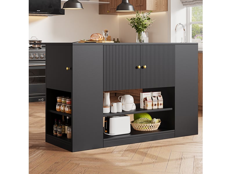  Îlot de cuisine rangement 140x40-70x90cm design moderne et élégant tiroirs plateau rabattable mdf et métal, noir  - Conforama B