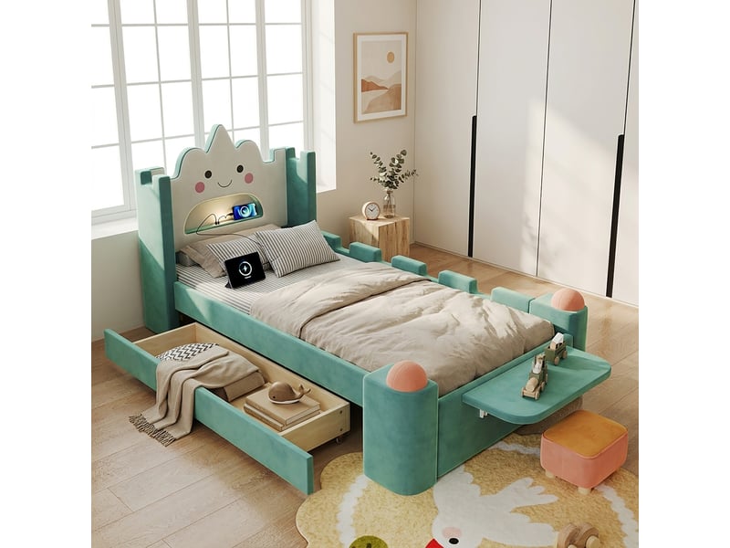  Lit simple 90x200 cm, lit enfant, tiroirs, étagères, barrière antichute, led, port usb, motif nuage, velours bleu et vert  - Conforama R