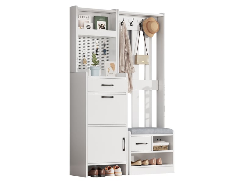  Portemanteau avec banc et rangement 110 x 175.5 cm en panneau de particules blanc  - Conforama R