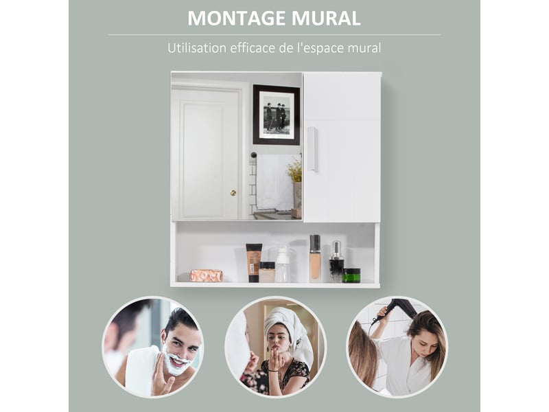  Armoire murale miroir de salle de bain avec portes et étagère réglable - blanc dim. 54l x 15,2l x 55,3h cm  - Conforama A