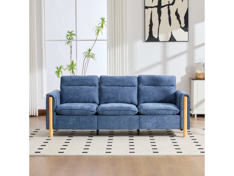  Canapé d’angle 3 places 201x77x86 cm en chenille avec pouf coffre réversible, poches latérales et pieds en bois - bleu  - Conforama E