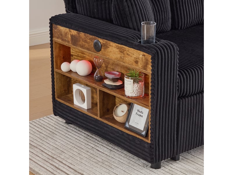  Canapé convertible velours côtelé 3 places avec rangement, lit invité, led, port usb-c et porte-gobelet, 196 cm, noir  - Conforama R