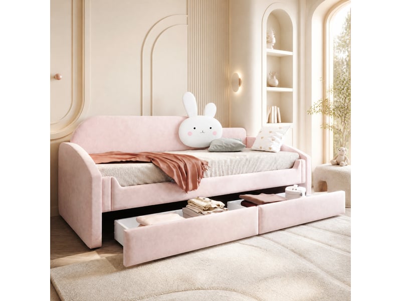  Lit banquette enfant, lit simple 200x90 cm en velours rose avec 2 tiroirs et led, matelas non précisé  - Conforama B