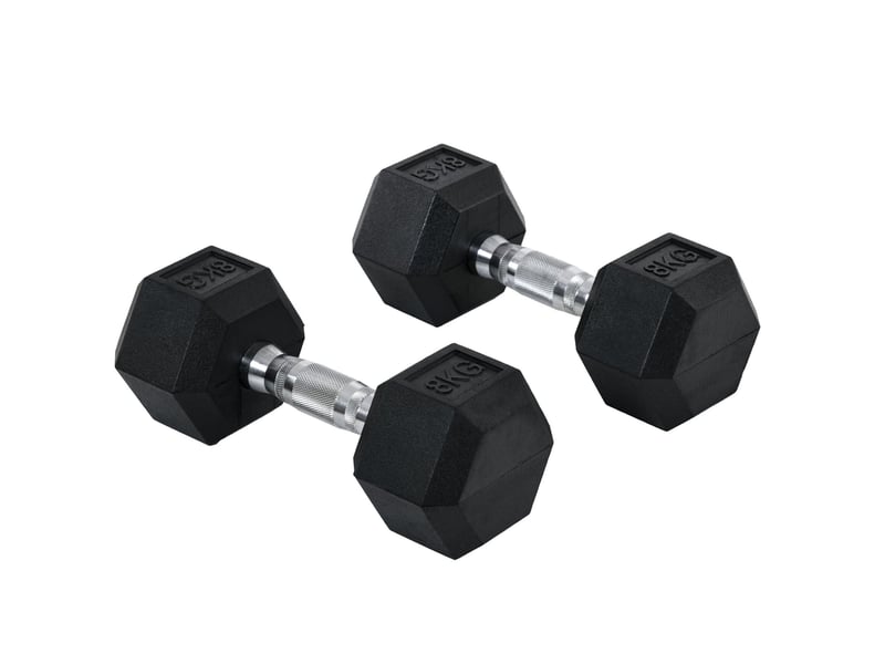  Lot de 2 haltères hexagonales de 8 kg, 30,5 cm noires en métal et caoutchouc, poignées moletées  - Conforama A