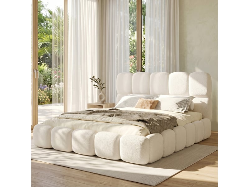  Lit double 160 x 200 cm, sommier à lattes relevable avec vérins hydrauliques, grand rangement, tête rembourrée, tissu bouclé, angles arrondis, blanc Luxe haut de gamme - Conforama W
