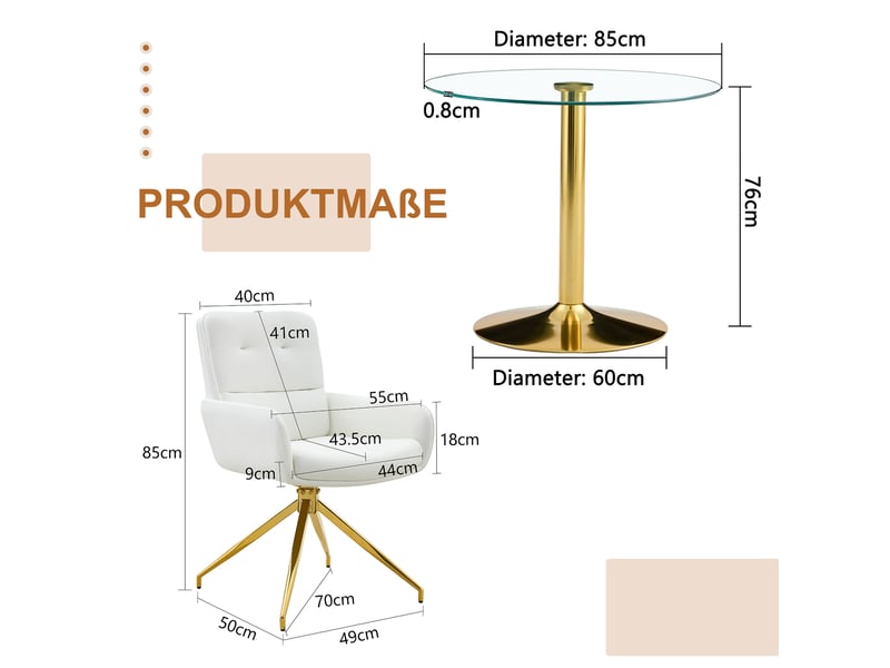  Ensemble table ronde et 2 chaises, table à manger en verre trempé ø 85 cm, sièges pivotants en similicuir blanc, métal doré  - Conforama D