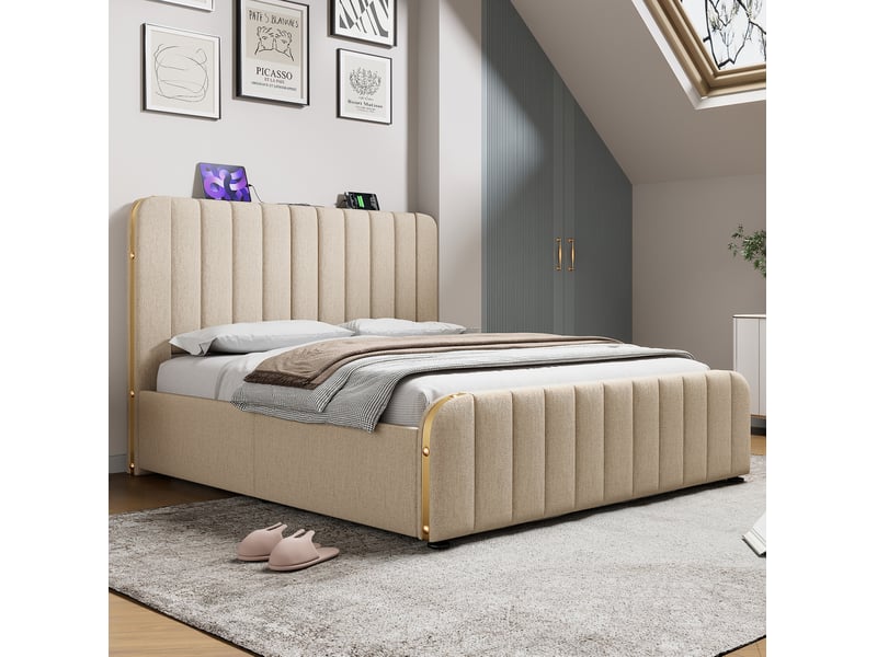  Lit coffre 2 places 180x200 cm, sans matelas, lin beige, charge usb type-c, doté de tête de lit à bandes dorées  - Conforama E