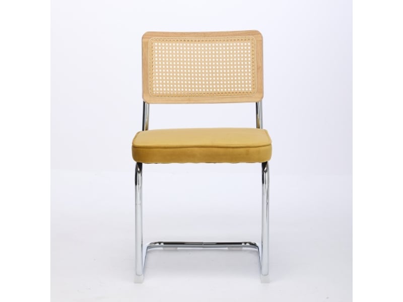 Chaises salle à manger mid-century – lot de 2, velours doré, dossier canné naturel, base acier chromé, breuer, de1851gl - Conforama A
