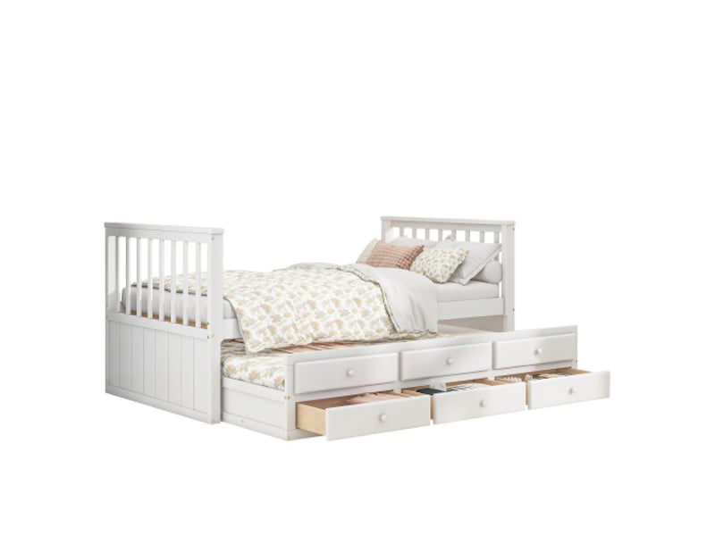  Lit simple 90x200 cm, avec lit gigogne(90x190cm) et 3 tiroirs, en pin massif et mdf, blanc, sans matelas  - Conforama A