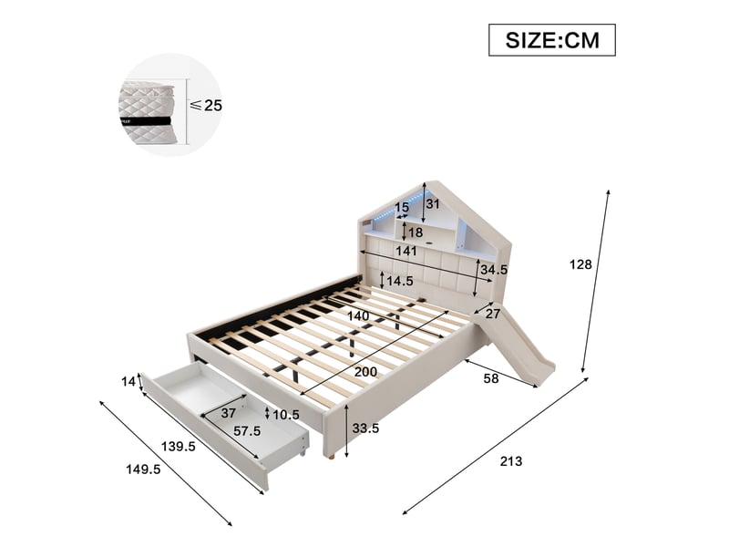  Lit cabane enfant 140x200 cm – beige – toboggan réversible, led, prise de charge et grand coffre  - Conforama C