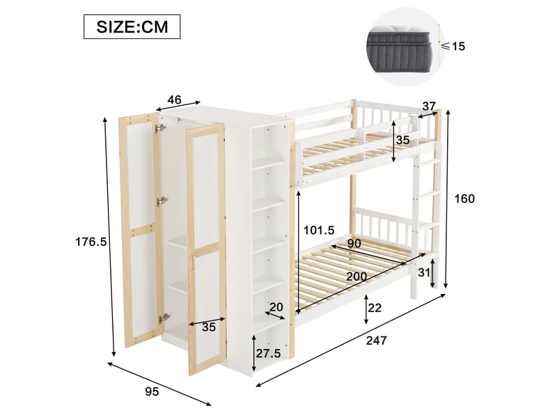 Lit superposé enfant 90x200 cm – blanc et naturel – armoire latérale et 6 étagères - sans matelas - Conforama C