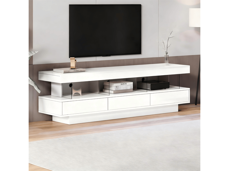 Meuble tv blanc laqué 160 cm avec éclairage led - 3 étagères en verre - pour écran 70 pouces  - Conforama W