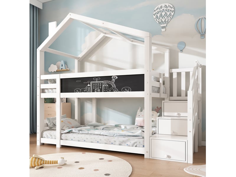  Modenvie lit superposé enfant cabane 90x200 cm - avec rangements, tableau et sommier inclus - blanc  - Conforama E