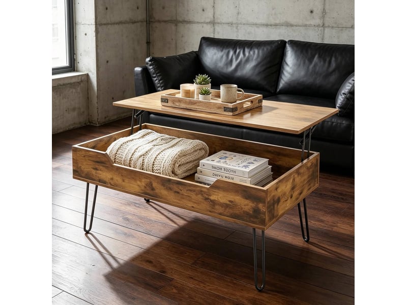  Table basse rectangulaire relevable avec rangement caché, marron rustique et noir  - Conforama B