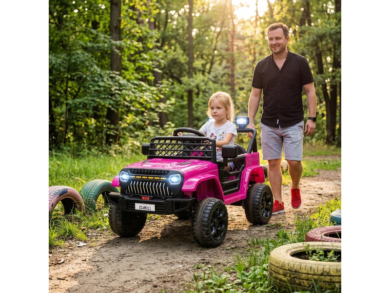  Voiture électrique pour enfants avec batterie 12v, télécommande, vitesse réglable, alimentation usb, phares, klaxon, rosefuchsia  - Conforama C