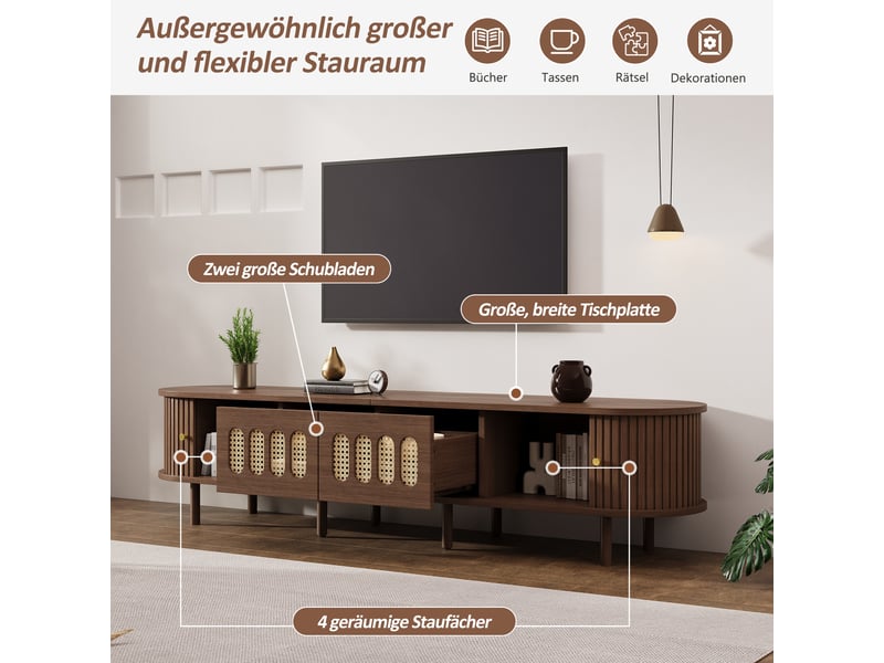  Meuble tv 2 portes coulissantes 2 tiroirs et compartiment rangement meuble de salon design minimaliste 180x40x40cm noyer  - Conforama D