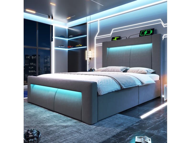 Lit coffre enfant 90x200cm rangement led prises usb type-c recharge rapide tête incurvée velours gris sans matelas - Conforama R