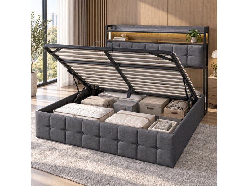  Lit coffre 2 places 160x200 cm, lit adulte avec rangement, led, port usb, tissu en fond, lin gris  - Conforama D