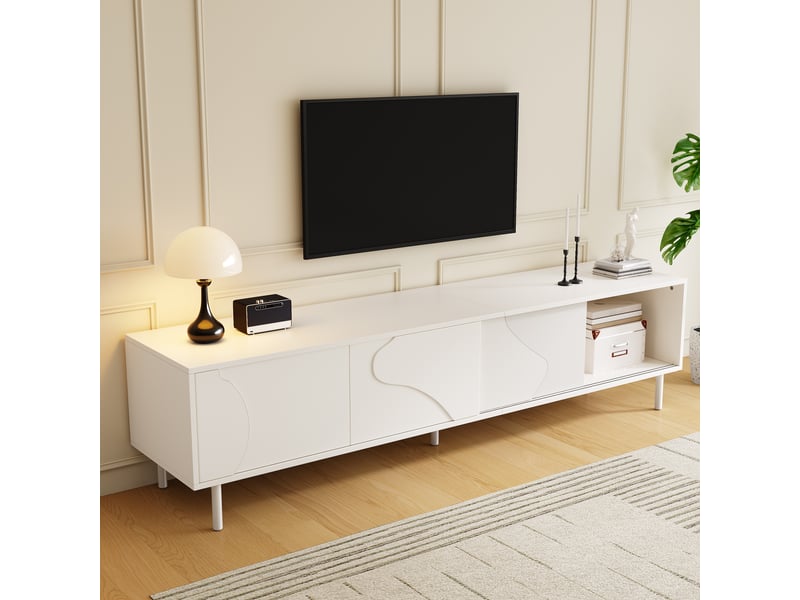 Meuble tv, blanc, portes coulissantes, portes vitrées, led d'ambiance, design moderne et élégant pour salon - Conforama D