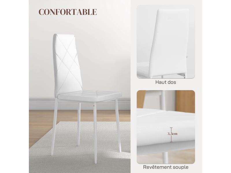  Lot de 2 chaises de salle à manger avec dossier haut, blanc, revêtement synthétique et pieds en acier  - Conforama R