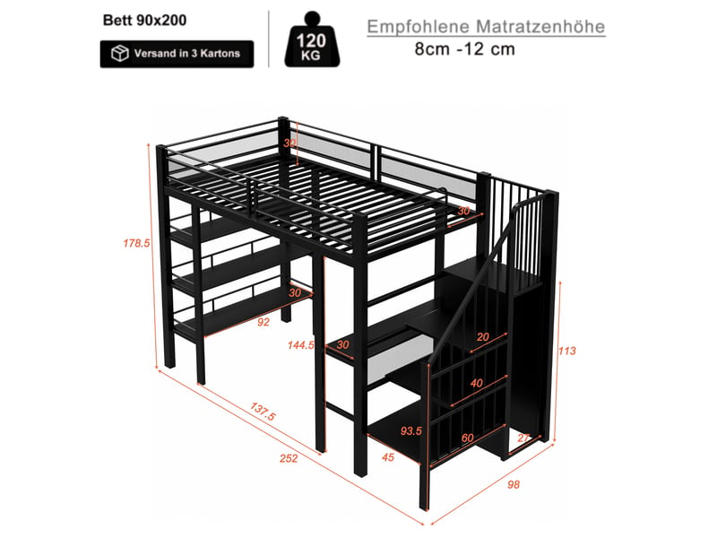  Lit haut 90x200 en métal noir, bandeau led, prise intégrée, rangement et bibliothèque pour enfant  - Conforama B