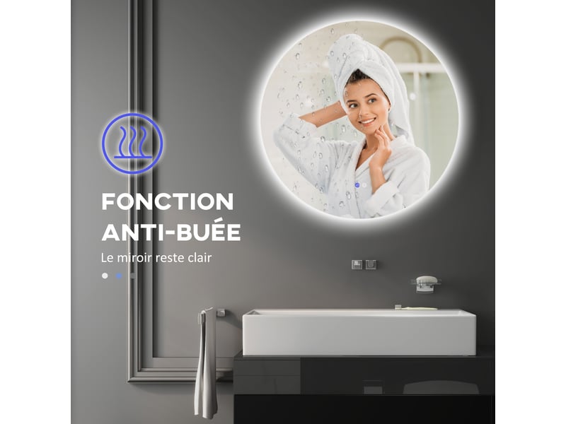 Miroir rond lumineux led de salle de bain ø 70 cm mural avec éclairage interrupteur tactile système antibuée 35 w gris - Conforama W