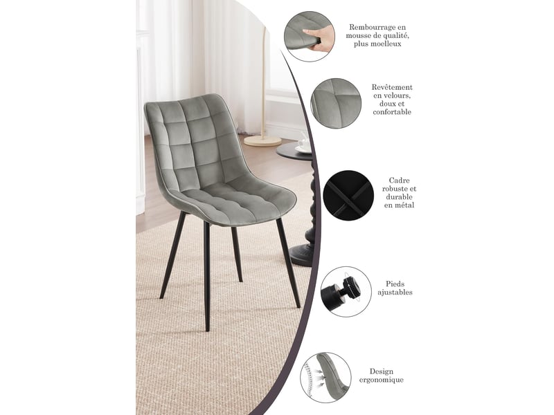  8 x chaises de salle à manger, chaise de cuisine, siège en velours, pieds en métal, gris clair  - Conforama E
