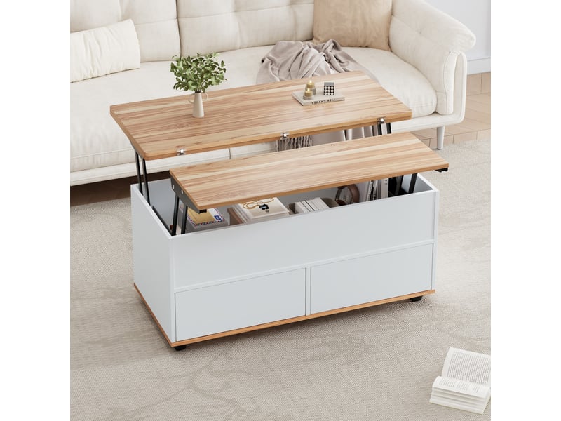  Table basse relevable 100x98x65 cm avec rangements (tiroir+placard) panneau particules, couleur bois et blanc  - Conforama W