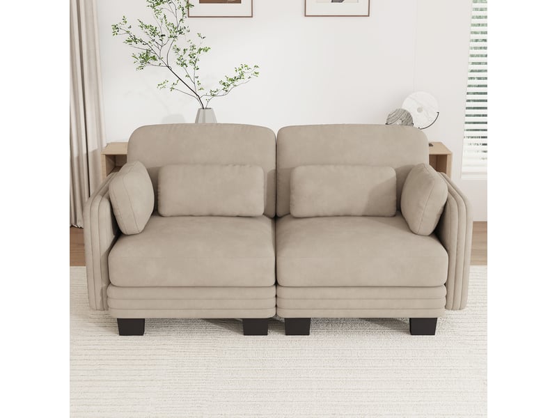  Canapé modulable - 2 places - coussins d'accoudoirs - tissu chenille - structure en bois massif - mobilier de salon - brun clair CozyNest - Conforama B