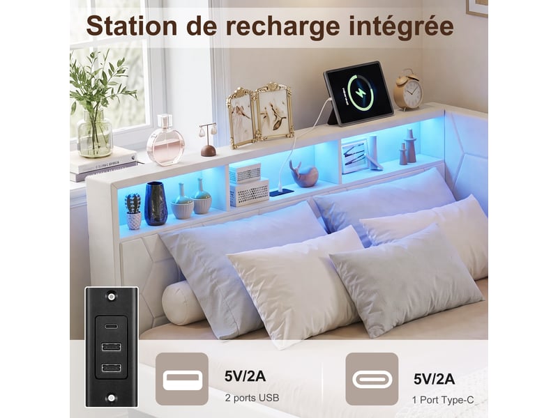 Kefsr lit rembourré 140x200 cm avec 2 tiroirs, lit double et canapé-lit banquette en velours beige, tête de lit avec étagère de rangement, led rgb et ports usbtype-c - Conforama E