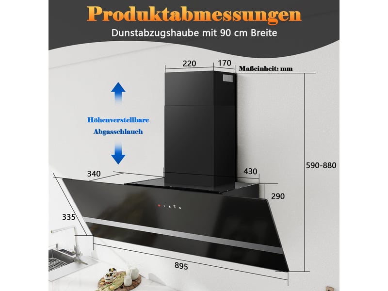  Hotte aspirante murale noire 90 cm, 450 m³h avec évacuation ou recyclage, 3 vitesses et fonction boost, commande tactile et led  - Conforama C