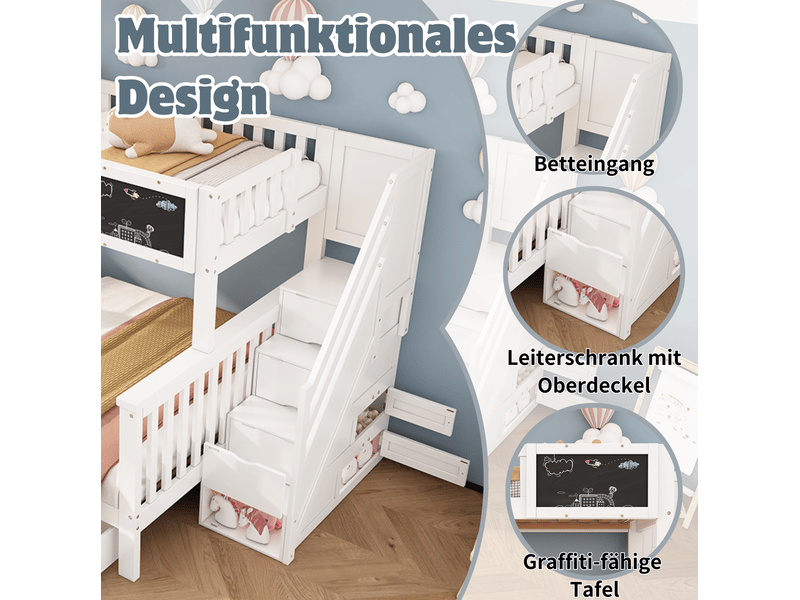  Lit superposé enfant 90x200 et 140x200 cm, escalier, tableau, tiroirs, bois et mdf, blanc, sans matelas  - Conforama E