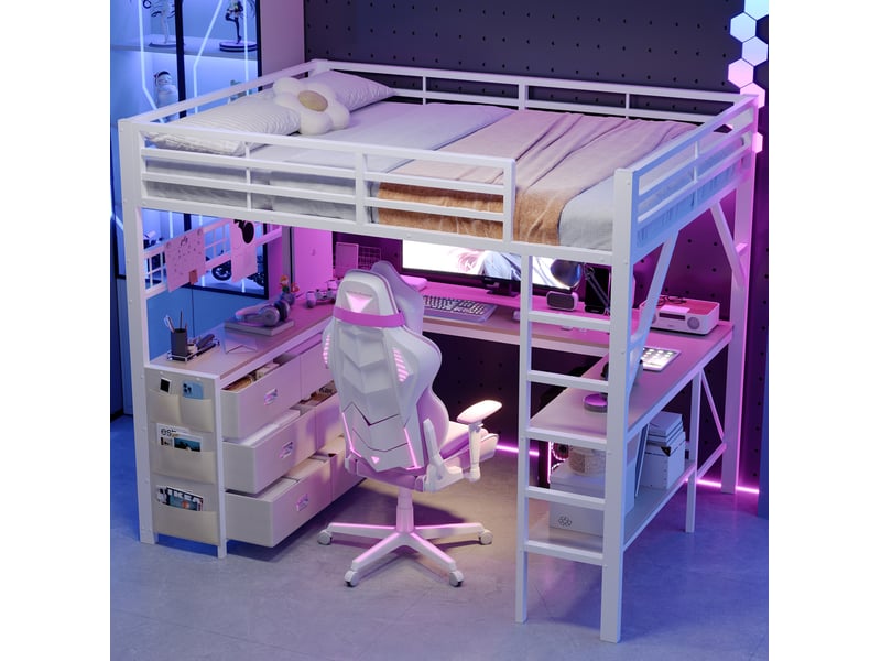  Lit mezzanine 140 × 200 cm 2 places avec bureau, 6 tiroirs, étagères et éclairage led, sans matelas, métal et mdf blanc  - Conforama C