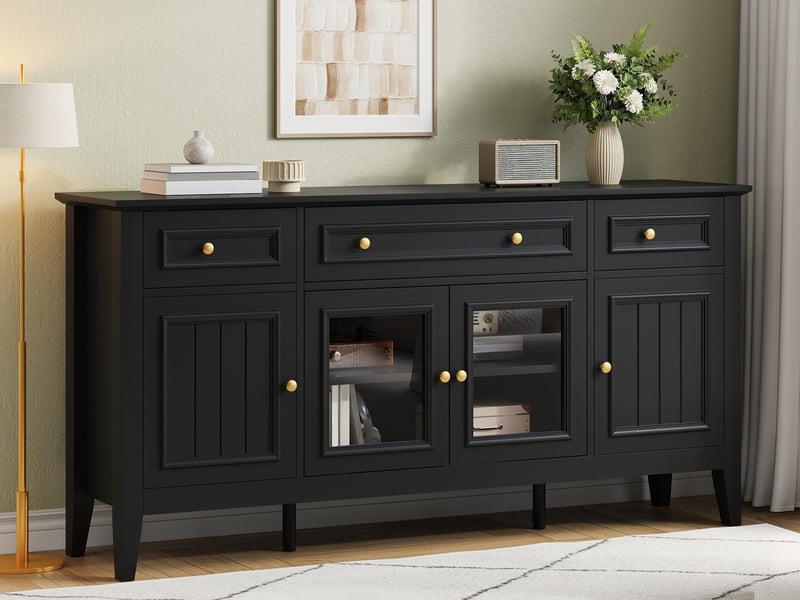  Commode à 4 portes et 3 tiroirs, 160 x 40 x 78,5 cm, buffet mdf, façades en verre, poignées métalliques et led intelligente, noir  - Conforama B