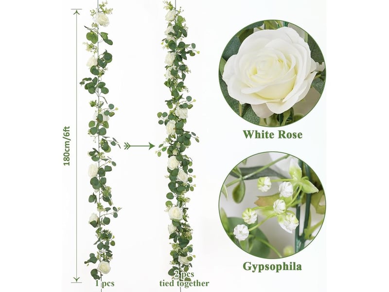  Guirlande fleurs artificielles faux rosier eucalyptus plante artificielle de fleur fausse plantes suspendues pour 2 pièces 1.8m  - Conforama B