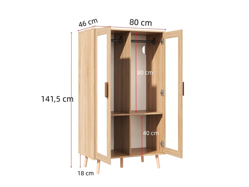  Armoire enfant tcqpz 160 x 46 x 141,5 cm penderie ouverte, 2 portes, 2 tiroirs, mdf, blanc et bois naturel  - Conforama C