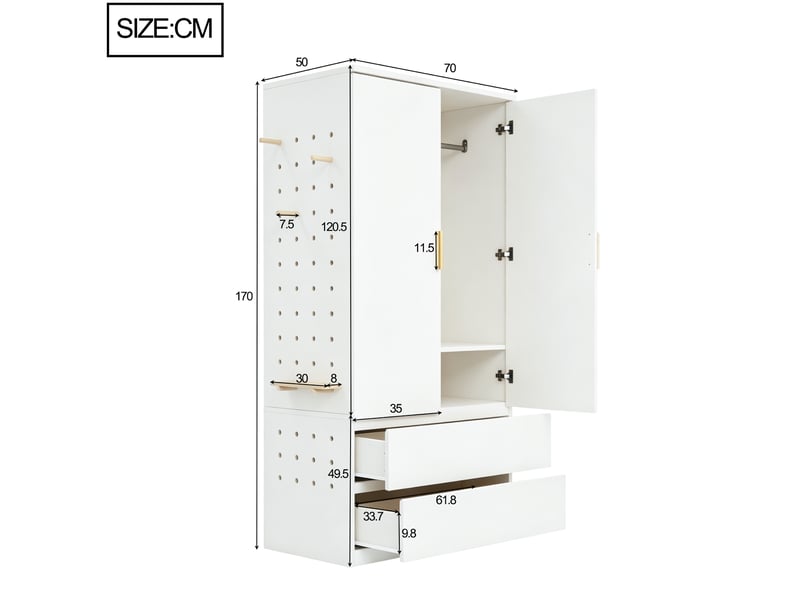  Armoire avec panneau perforé et 2 tiroirs 2 portes 70x50x170 cm, coloris blanc  - Conforama C