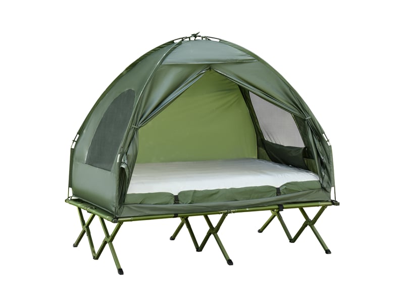  Tente de camping surélevée 2 places 193x145x180 cm – verte – matelas gonflable et pompe inclus  - Conforama A