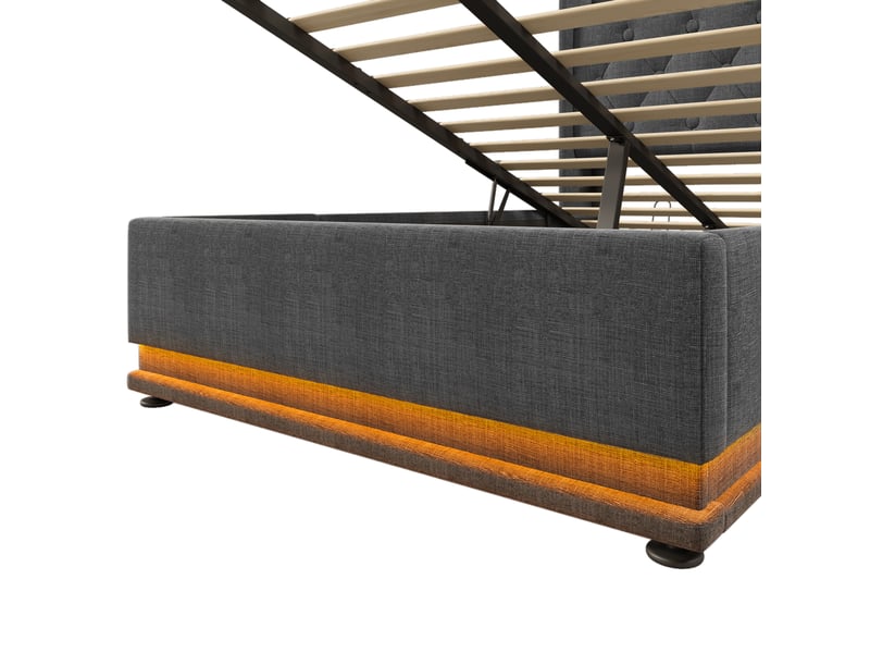  Lit coffre simple 90×200 cm en tissu gris avec led 360°, usb, type-c et rangement hydraulique, sans matelas  - Conforama E