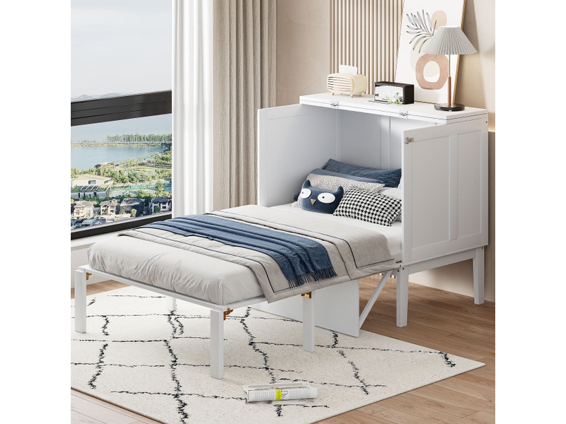 Lit 90x200 cm, lit une personne mural rabattable vertical avec sommier à lattes, gain de place, rangement sous lit, blanc - Conforama A