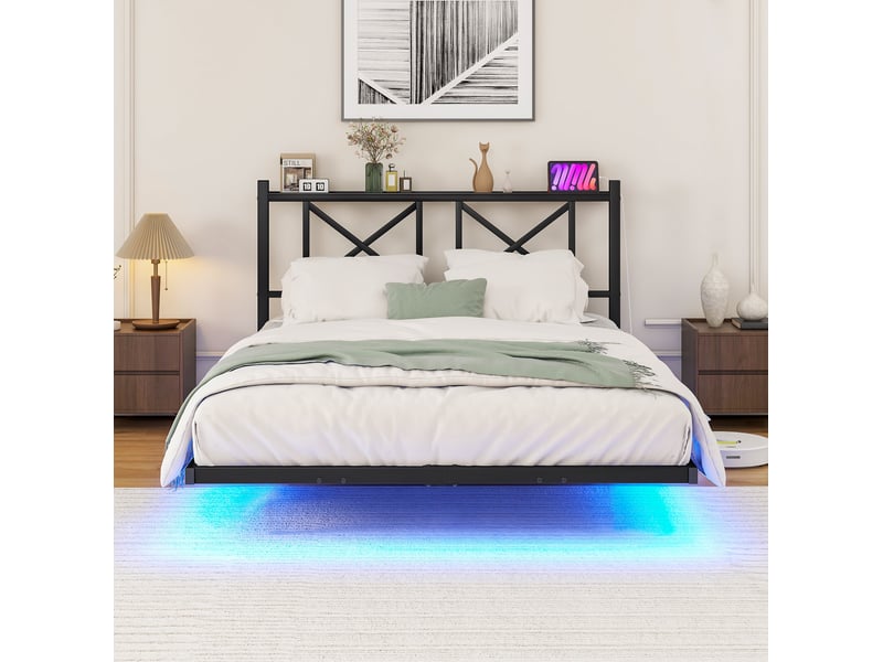  Lit double ulevr 120x200 cm avec tête de lit, éclairage led réglable, station de charge usb, cadre en métal noir  - Conforama D