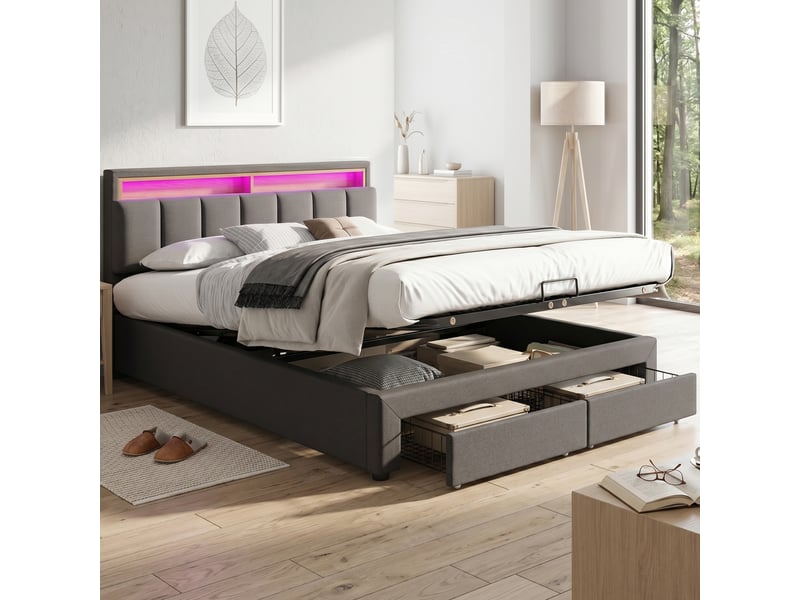 Lit coffre double 180 x 200 cm avec 2 tiroir, tête de lit rembourrée avec rangement, led réglable par télécommande, lin, gris foncé - Conforama C