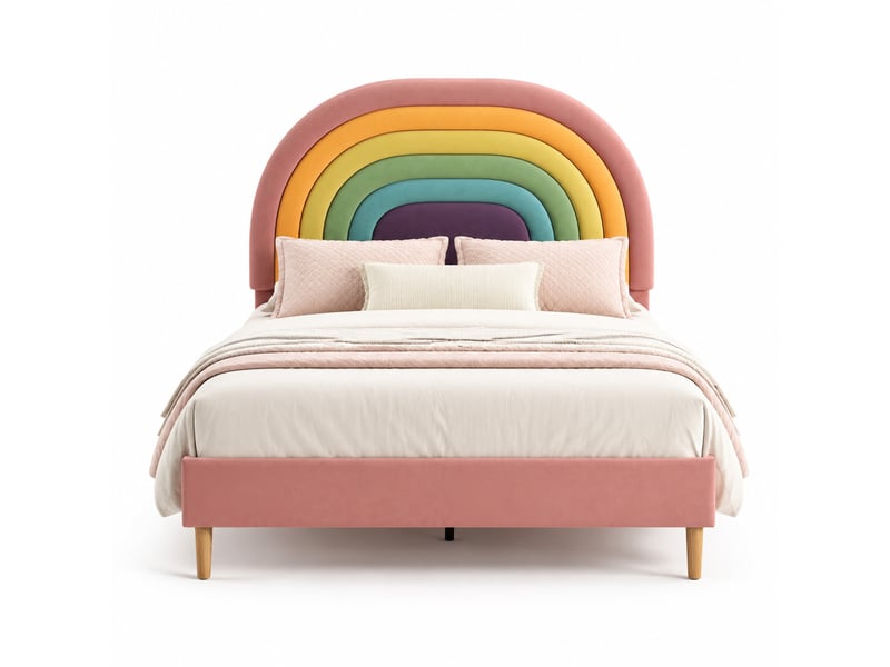Lit double 200×140 cm avec tête de lit réglable et sommier à lattes, sans matelas, en velours rose - Conforama A
