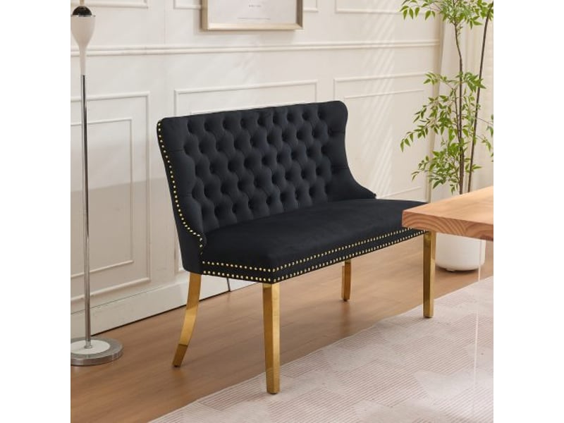  Banquette 2 places velours noir capitonnée, dos à ailes, boutons faits main, pieds en acier doré – mi-siècle moderne  - Conforama B