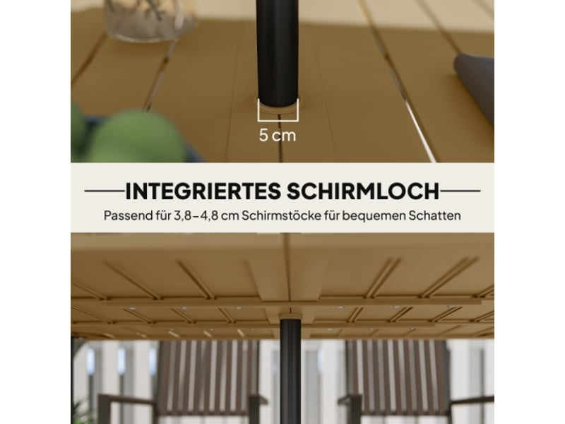 Table de jardin 150x90 cm en acier, résistante aux intempéries, trou pour parasol, marron, balcon  - Conforama E
