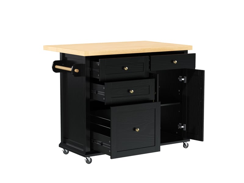  Îlot de cuisine sur roulettes avec table à manger extensible, desserte noire avec tiroirs multifonctions et étagères réglables  - Conforama A